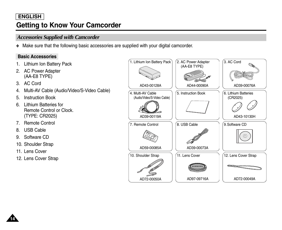 Accessories supplied with camcorder, Getting to know your camcorder | Samsung SC-D6550-XAC User Manual | Page 18 / 160