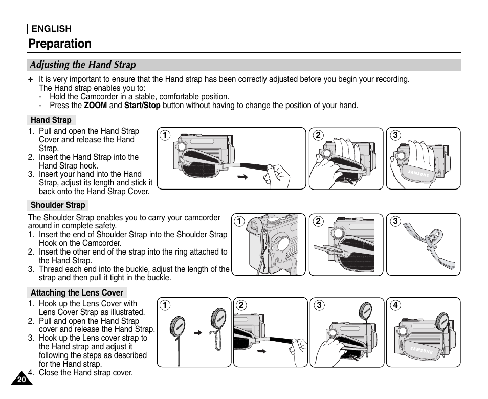 Preparation, Adjusting the hand strap, Hand strap | Shoulder strap, Attaching the lens cover | Samsung SC-D6550-XAC User Manual | Page 24 / 160