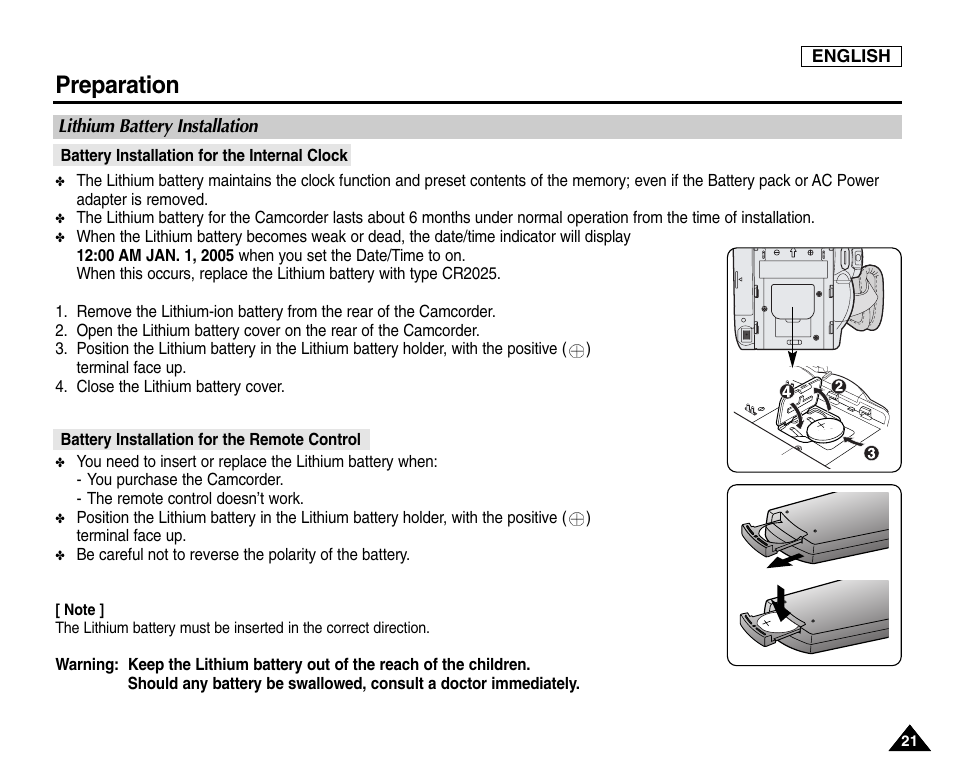 Lithium battery installation, Battery installation for the internal clock, Battery installation for the remote control | Preparation | Samsung SC-D6550-XAC User Manual | Page 25 / 160