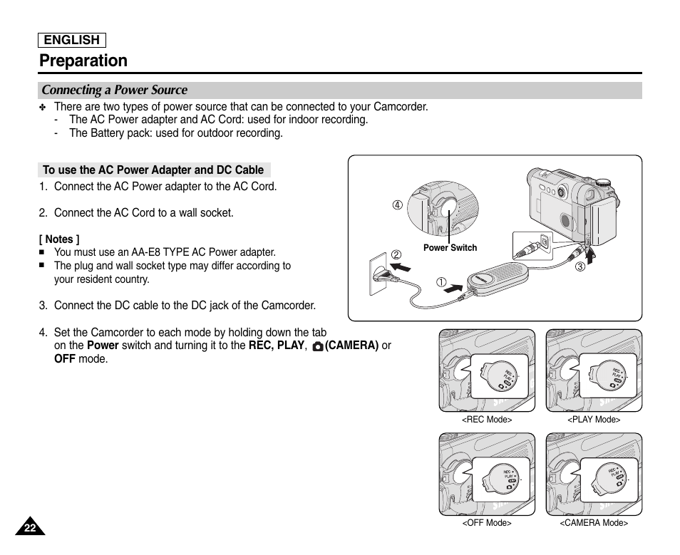 Connecting a power source, To use the ac power adapter and dc cable, Preparation | Samsung SC-D6550-XAC User Manual | Page 26 / 160