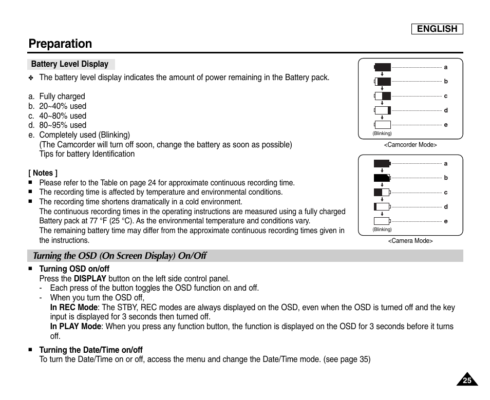 Battery level display, Turning the osd (on screen display) on/off, Preparation | Samsung SC-D6550-XAC User Manual | Page 29 / 160