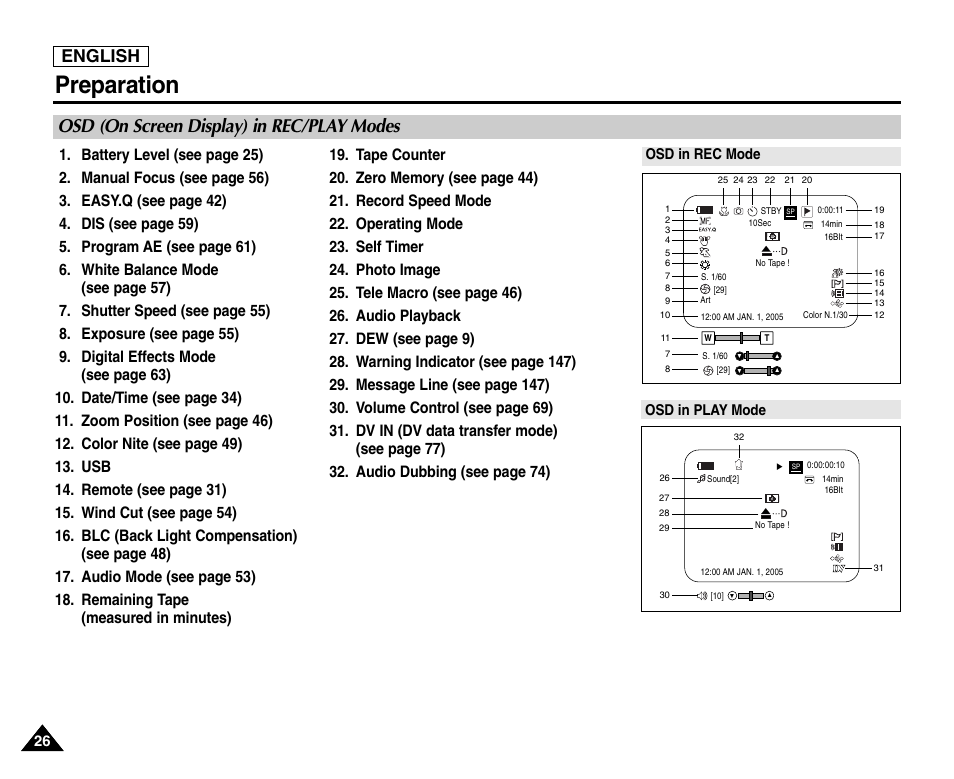 Osd (on screen display) in rec/play modes, Preparation, English | Samsung SC-D6550-XAC User Manual | Page 30 / 160