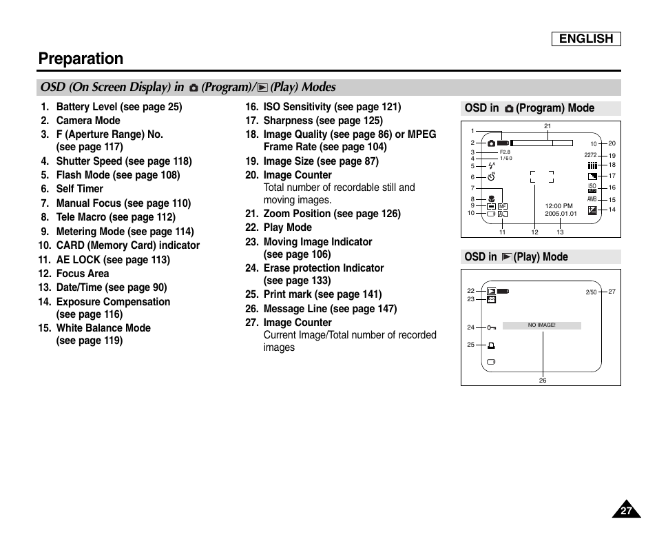 Osd (on screen display) in (program)/ (play) modes, Preparation, English | Osd in (program) mode osd in (play) mode | Samsung SC-D6550-XAC User Manual | Page 31 / 160