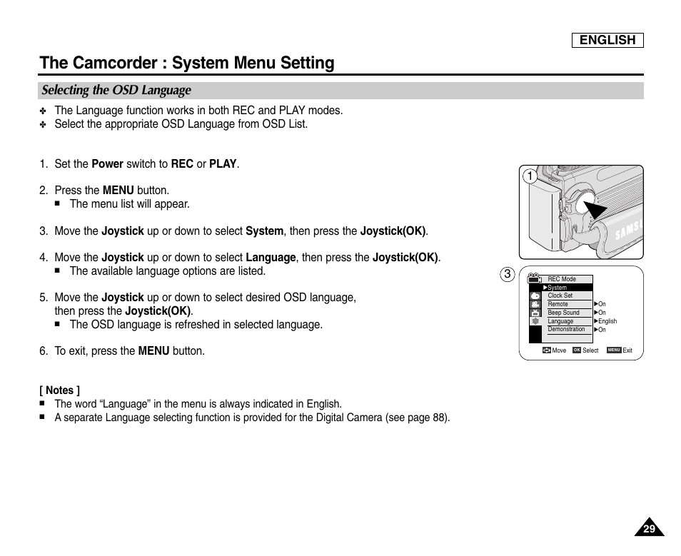 The camcorder : system menu setting, Selecting the osd language, English | Samsung SC-D6550-XAC User Manual | Page 33 / 160