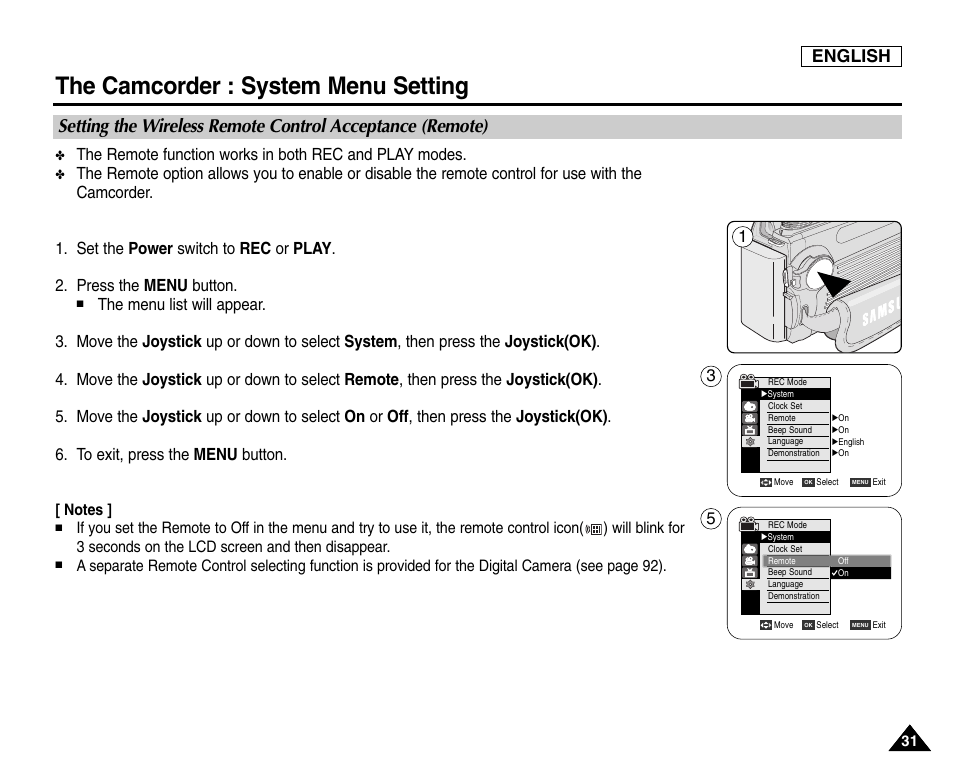 The camcorder : system menu setting, English | Samsung SC-D6550-XAC User Manual | Page 35 / 160