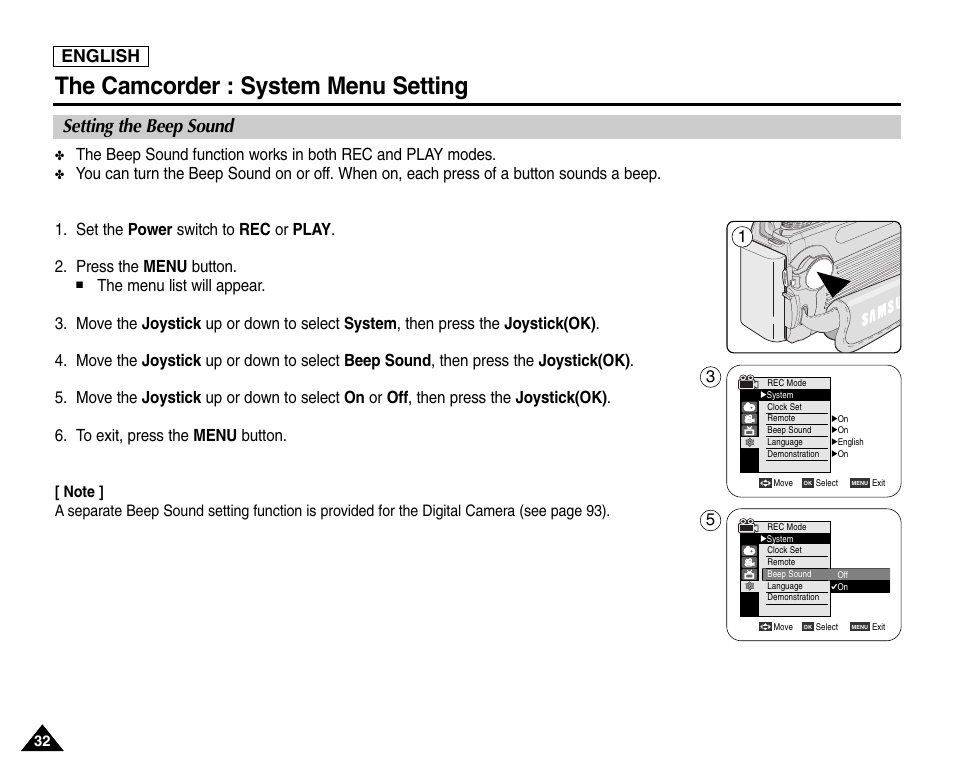 Setting the beep sound, The camcorder : system menu setting, English | Samsung SC-D6550-XAC User Manual | Page 36 / 160