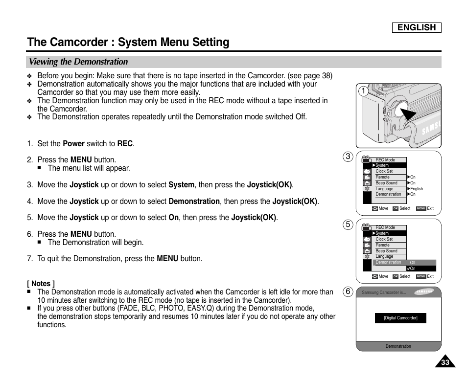 Viewing the demonstration, The camcorder : system menu setting, English | Samsung SC-D6550-XAC User Manual | Page 37 / 160