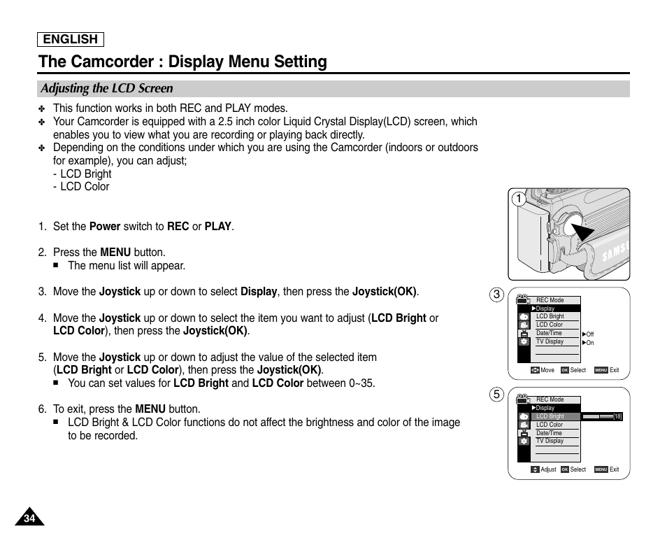 The camcorder : display menu setting, Adjusting the lcd screen, English | This function works in both rec and play modes | Samsung SC-D6550-XAC User Manual | Page 38 / 160