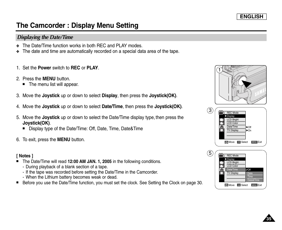 Displaying the date/time, The camcorder : display menu setting, English | Samsung SC-D6550-XAC User Manual | Page 39 / 160