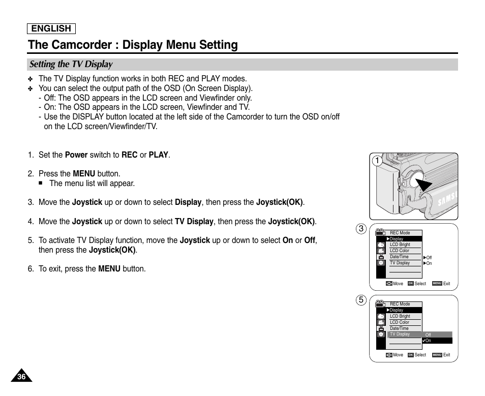 Setting the tv display, The camcorder : display menu setting, English | Samsung SC-D6550-XAC User Manual | Page 40 / 160