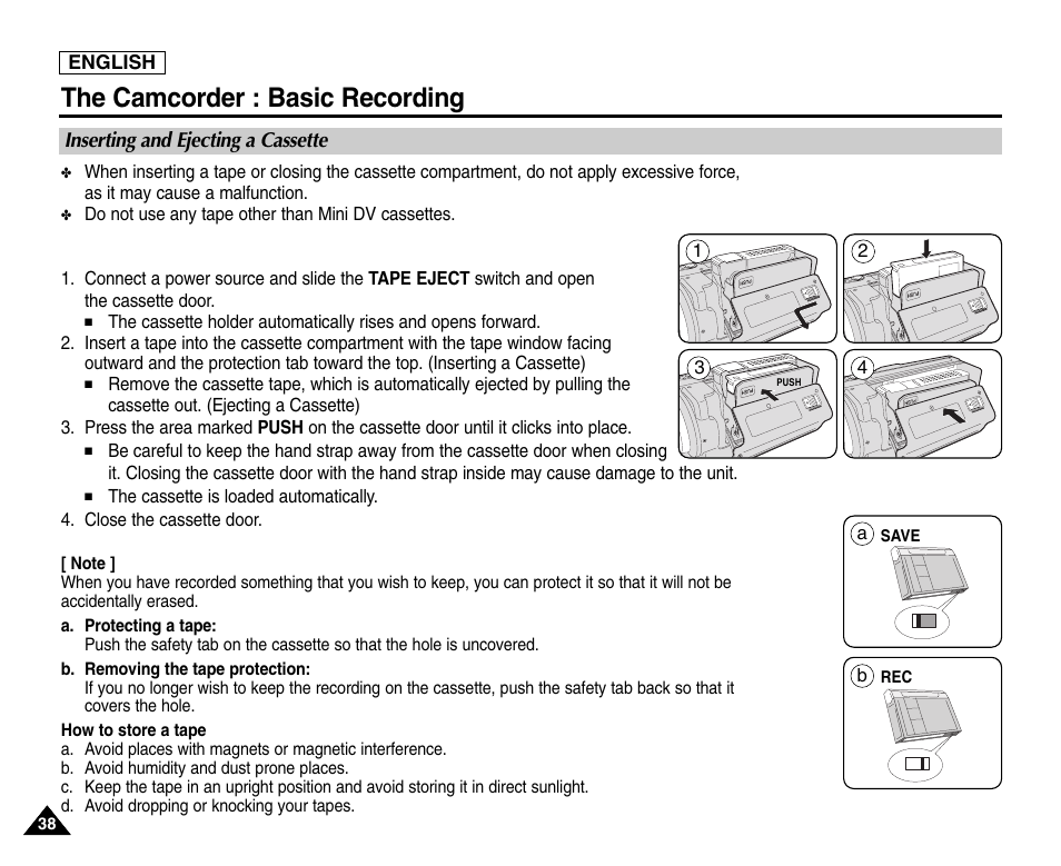 Inserting and ejecting a cassette, The camcorder : basic recording | Samsung SC-D6550-XAC User Manual | Page 42 / 160