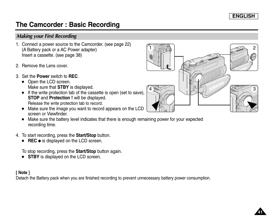 Making your first recording, The camcorder : basic recording | Samsung SC-D6550-XAC User Manual | Page 45 / 160