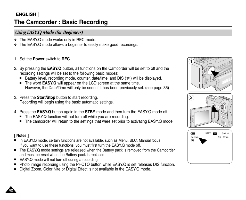 Using easyq mode (for beginners), The camcorder : basic recording, Using easy.q mode (for beginners) | Samsung SC-D6550-XAC User Manual | Page 46 / 160