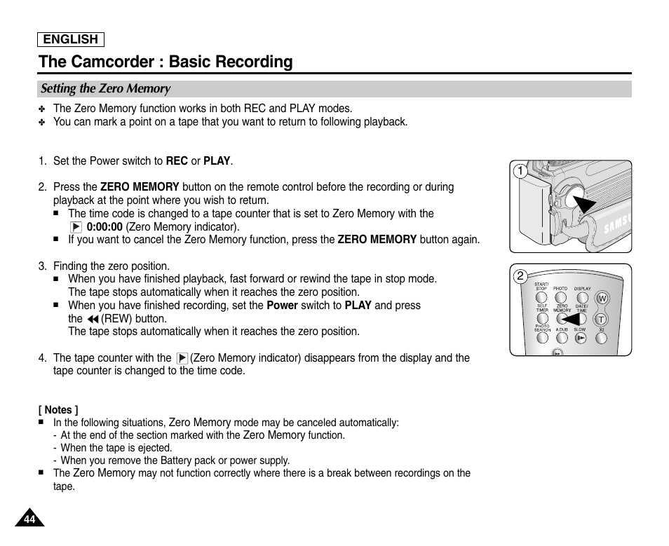 Setting the zero memory, The camcorder : basic recording | Samsung SC-D6550-XAC User Manual | Page 48 / 160