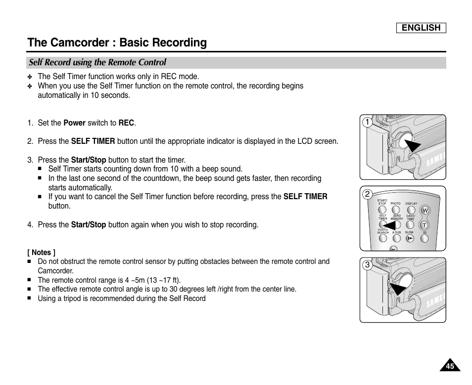 Self record using the remote control, The camcorder : basic recording | Samsung SC-D6550-XAC User Manual | Page 49 / 160