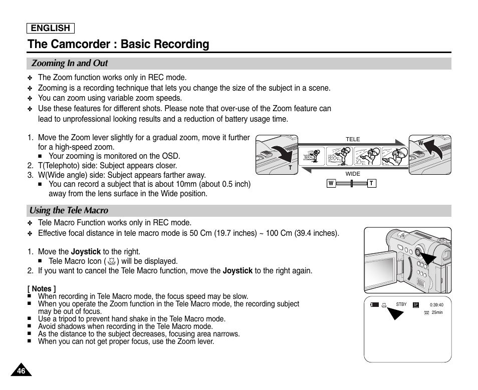 Zooming in and out, Using the tele macro, The camcorder : basic recording | Zooming in and out using the tele macro, English | Samsung SC-D6550-XAC User Manual | Page 50 / 160