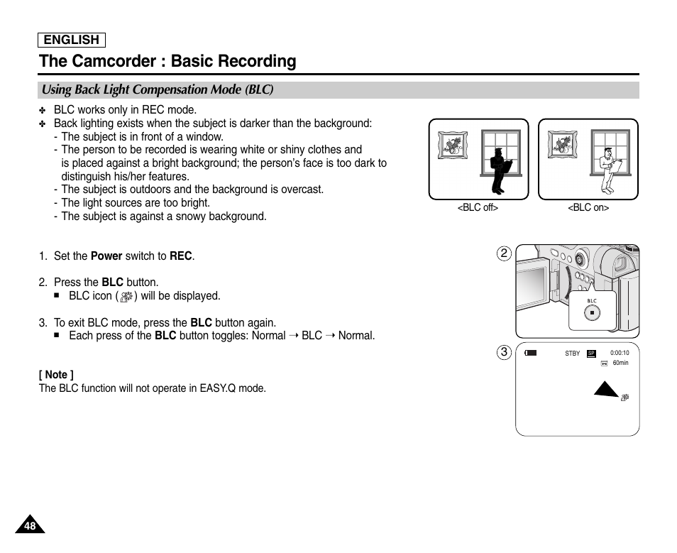 Using back light compensation mode (blc), The camcorder : basic recording | Samsung SC-D6550-XAC User Manual | Page 52 / 160