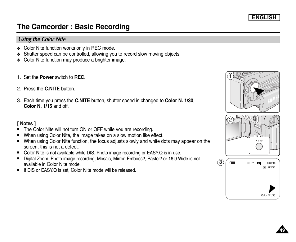 Using the color nite, The camcorder : basic recording | Samsung SC-D6550-XAC User Manual | Page 53 / 160