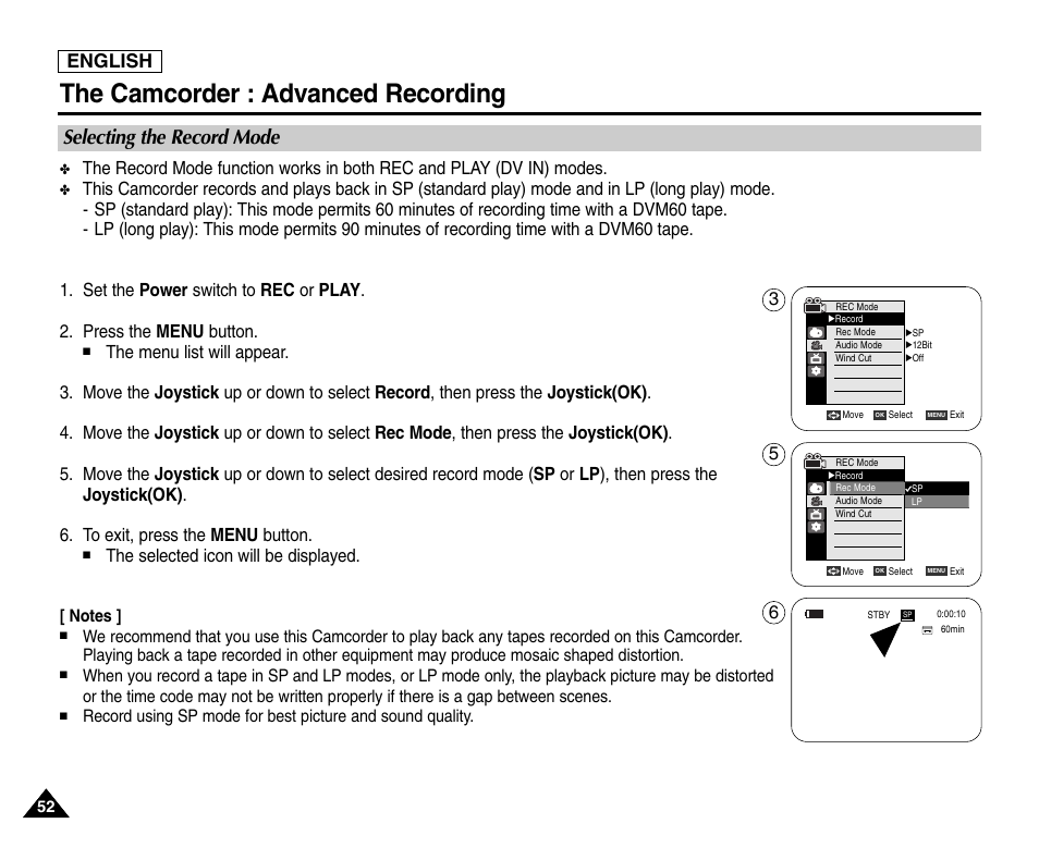 Selecting the record mode, The camcorder : advanced recording, English | The selected icon will be displayed | Samsung SC-D6550-XAC User Manual | Page 56 / 160