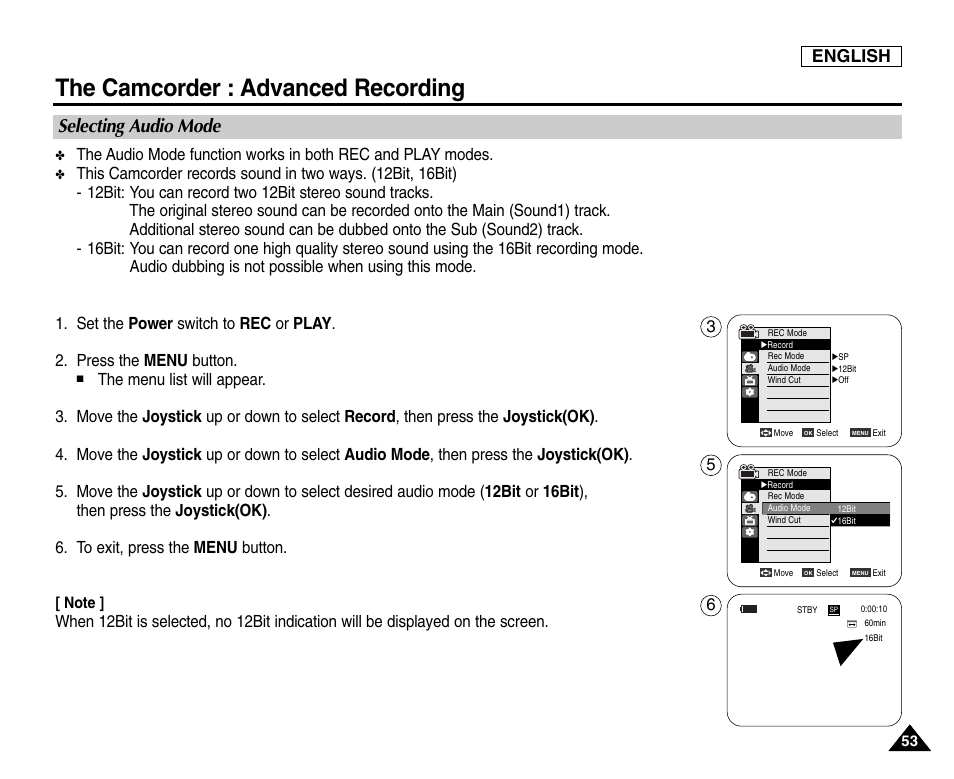 Selecting audio mode, The camcorder : advanced recording, English | Samsung SC-D6550-XAC User Manual | Page 57 / 160