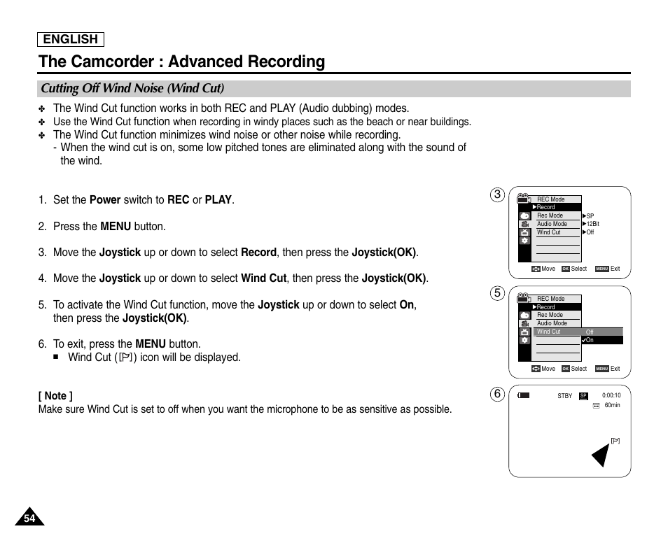 Cutting off wind noise (wind cut), The camcorder : advanced recording, English | Function, Wind cut ( ) icon will be displayed | Samsung SC-D6550-XAC User Manual | Page 58 / 160