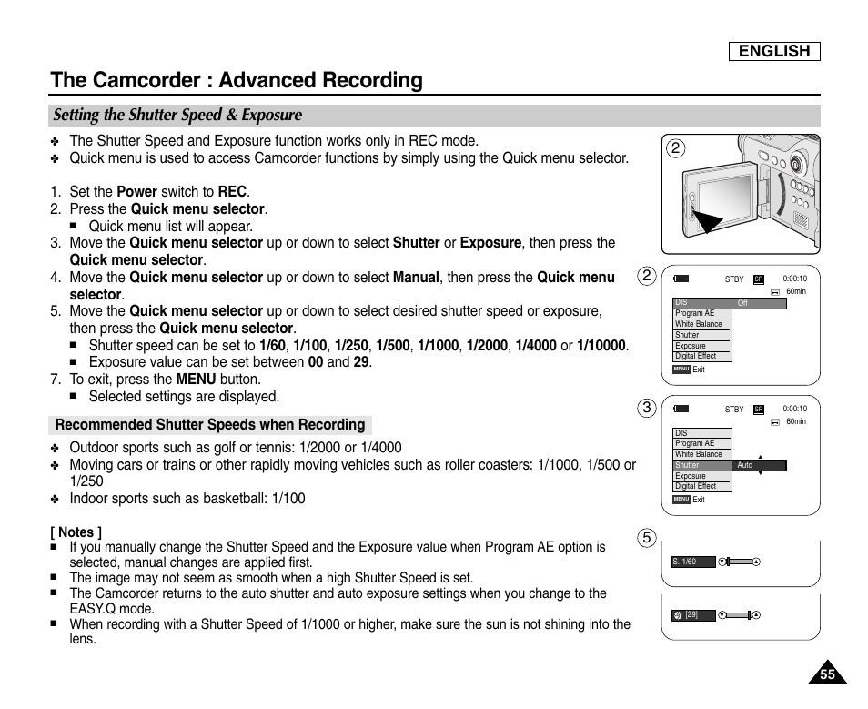 Setting the shutter speed & exposure, Recommended shutter speeds when recording, The camcorder : advanced recording | English, Selected settings are displayed, Indoor sports such as basketball: 1/100 | Samsung SC-D6550-XAC User Manual | Page 59 / 160