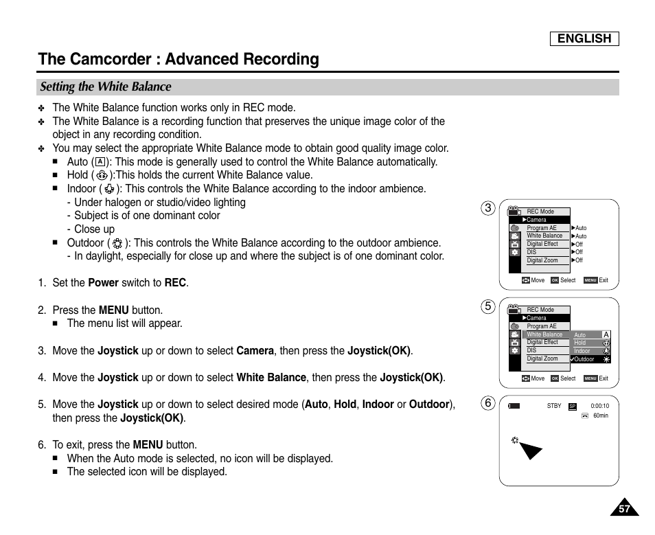 Setting the white balance, The camcorder : advanced recording, English | The white balance function works only in rec mode, The selected icon will be displayed | Samsung SC-D6550-XAC User Manual | Page 61 / 160