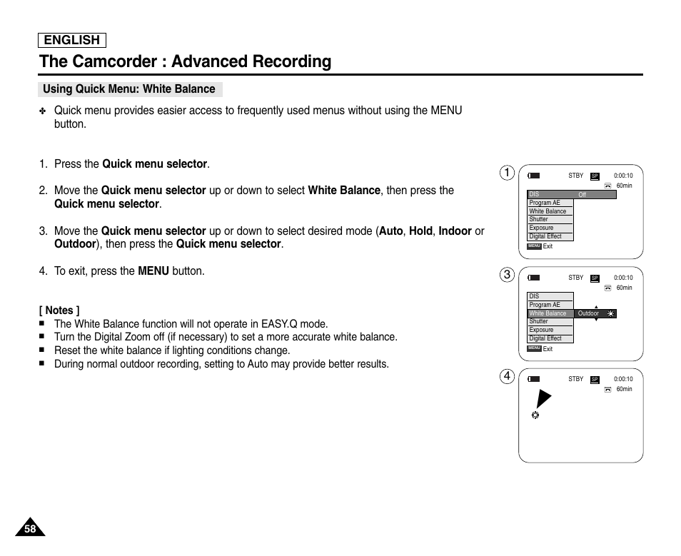 Using quick menu: white balance, The camcorder : advanced recording, English | Samsung SC-D6550-XAC User Manual | Page 62 / 160