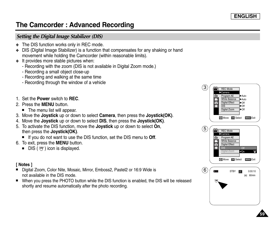 Setting the digital image stabilizer (dis), The camcorder : advanced recording, English | The dis function works only in rec mode, Dis ( ) icon is displayed | Samsung SC-D6550-XAC User Manual | Page 63 / 160