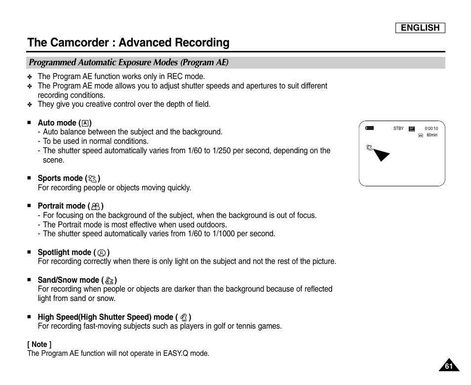 Programmed automatic exposure modes (program ae), The camcorder : advanced recording | Samsung SC-D6550-XAC User Manual | Page 65 / 160