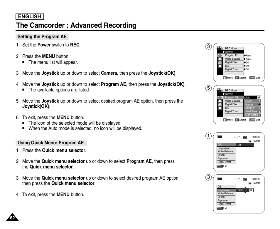 Setting the program ae, Using quick menu: program ae, The camcorder : advanced recording | English, The icon of the selected mode will be displayed | Samsung SC-D6550-XAC User Manual | Page 66 / 160