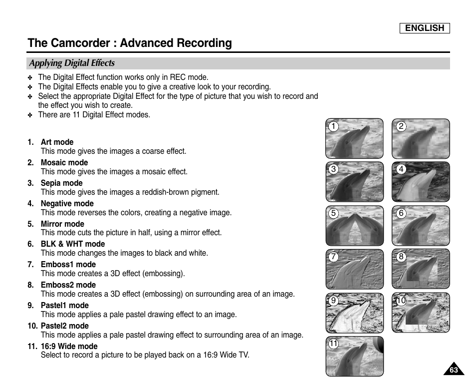 Applying digital effects, The camcorder : advanced recording | Samsung SC-D6550-XAC User Manual | Page 67 / 160