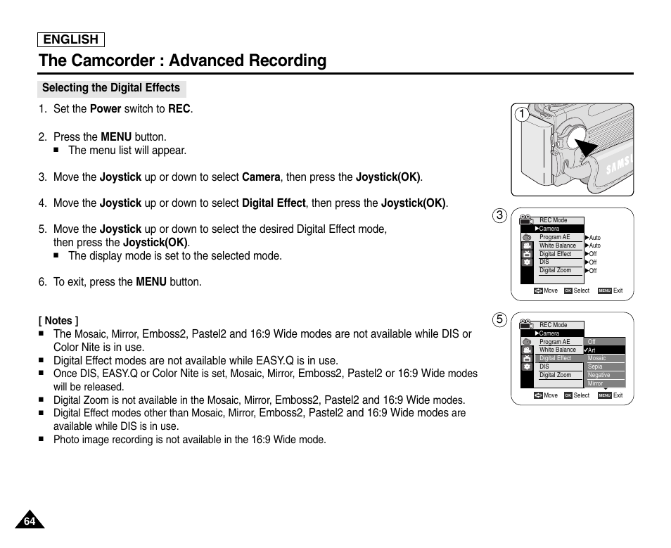 Selecting the digital effects, The camcorder : advanced recording, English | Color nite | Samsung SC-D6550-XAC User Manual | Page 68 / 160