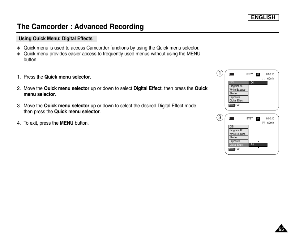 Using quick menu: digital effects, The camcorder : advanced recording, English | Samsung SC-D6550-XAC User Manual | Page 69 / 160