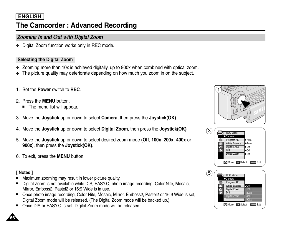 Zooming in and out with digital zoom, Selecting the digital zoom, The camcorder : advanced recording | English | Samsung SC-D6550-XAC User Manual | Page 70 / 160