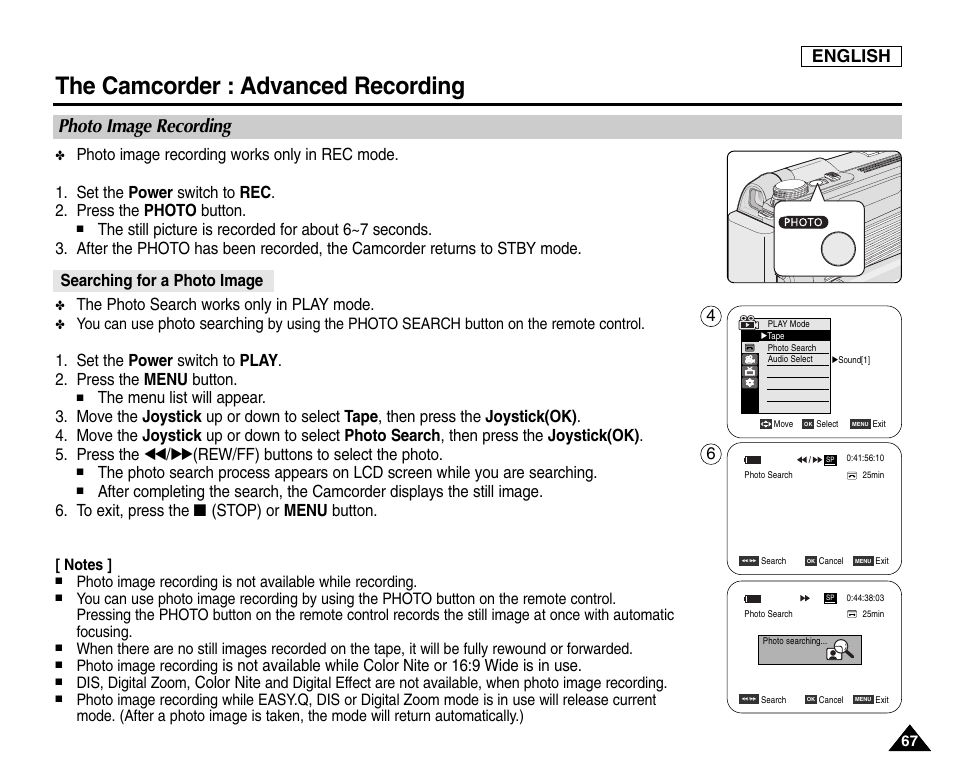 Photo image recording, Searching for a photo image, The camcorder : advanced recording | English, The photo search works only in play mode, Photo searching, Color nite, You can use, Dis, digital zoom | Samsung SC-D6550-XAC User Manual | Page 71 / 160