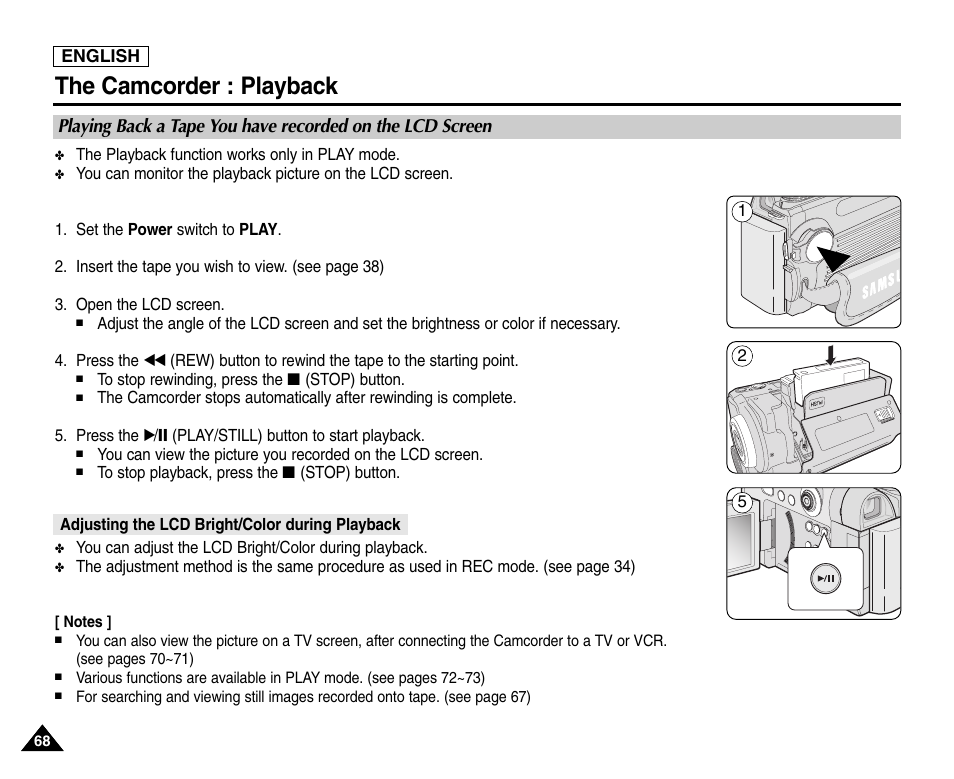 The camcorder : playback, Adjusting the lcd bright/color during playback | Samsung SC-D6550-XAC User Manual | Page 72 / 160