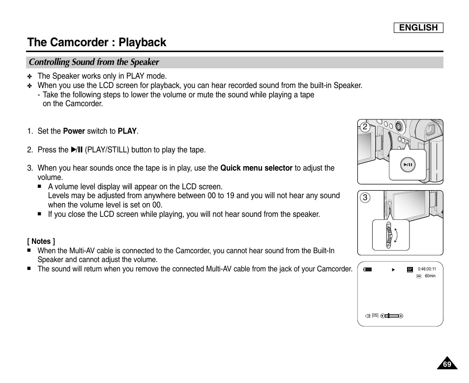 Controlling sound from the speaker, The camcorder : playback, English | Samsung SC-D6550-XAC User Manual | Page 73 / 160