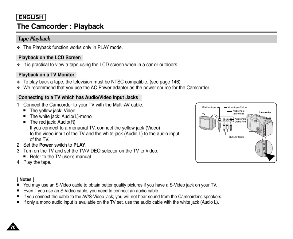 Tape playback, Playback on the lcd screen, Playback on a tv monitor | The camcorder : playback, English | Samsung SC-D6550-XAC User Manual | Page 74 / 160