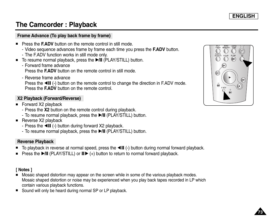 Frame advance (to play back frame by frame), X2 playback (forward/reverse), Reverse playback | The camcorder : playback | Samsung SC-D6550-XAC User Manual | Page 77 / 160