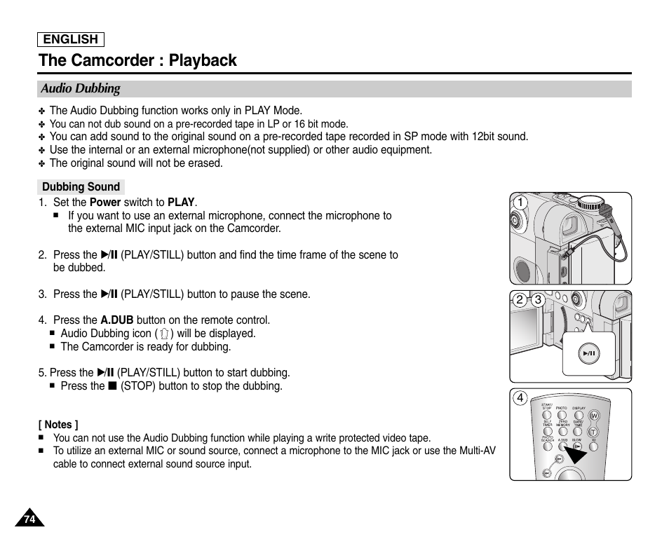 Audio dubbing, Dubbing sound, The camcorder : playback | Samsung SC-D6550-XAC User Manual | Page 78 / 160