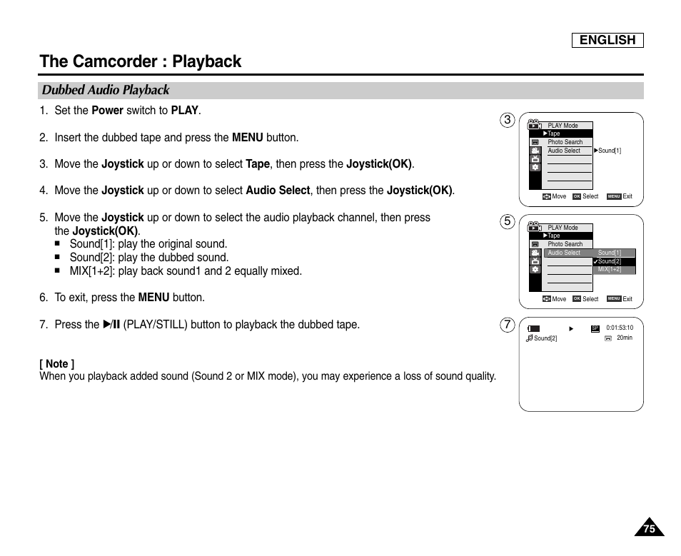 Dubbed audio playback, The camcorder : playback, English | Sound[1]: play the original sound, Sound[2]: play the dubbed sound | Samsung SC-D6550-XAC User Manual | Page 79 / 160