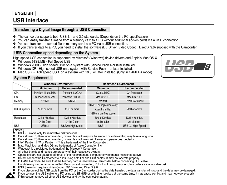 Usb interface, English, Usb connection speed depending on the system | Samsung SC-D6550-XAC User Manual | Page 82 / 160