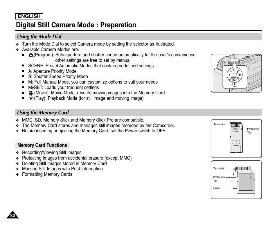 Digital still camera mode : preparation, Using the mode dial, Using the memory card | Memory card functions | Samsung SC-D6550-XAC User Manual | Page 86 / 160