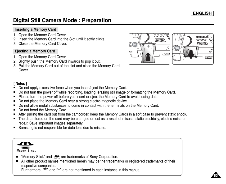 Inserting a memory card, Ejecting a memory card, Digital still camera mode : preparation | English | Samsung SC-D6550-XAC User Manual | Page 87 / 160