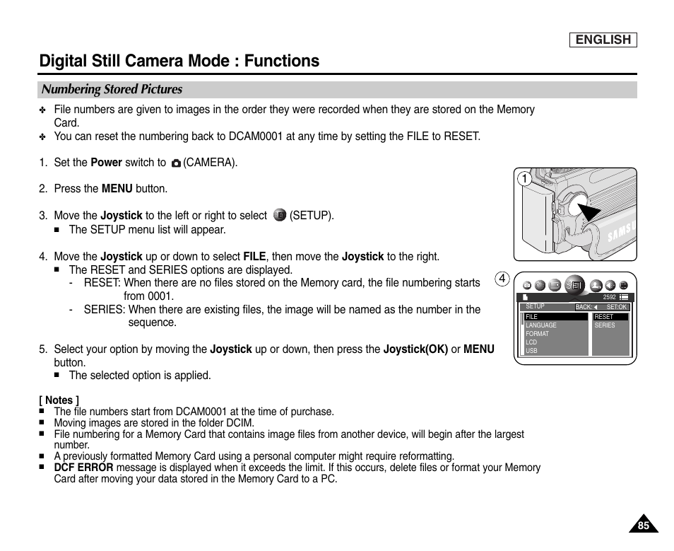 Digital still camera mode : f, Numbering stored pictures, Digital still camera mode : functions | Samsung SC-D6550-XAC User Manual | Page 89 / 160