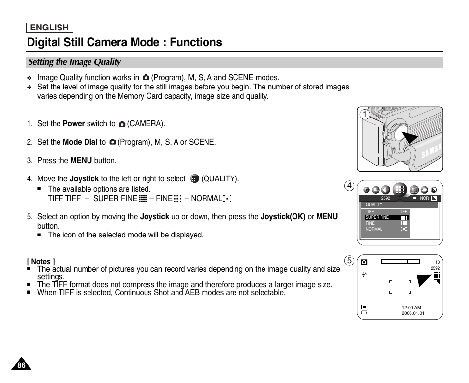 Setting the image quality, Digital still camera mode : functions | Samsung SC-D6550-XAC User Manual | Page 90 / 160