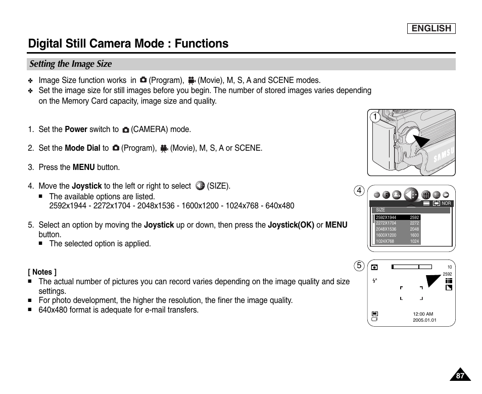 Setting the image size, Digital still camera mode : functions, English | Samsung SC-D6550-XAC User Manual | Page 91 / 160