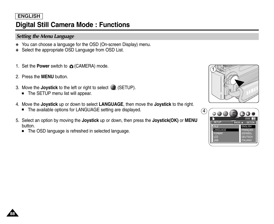 Setting the menu language, Digital still camera mode : functions | Samsung SC-D6550-XAC User Manual | Page 92 / 160