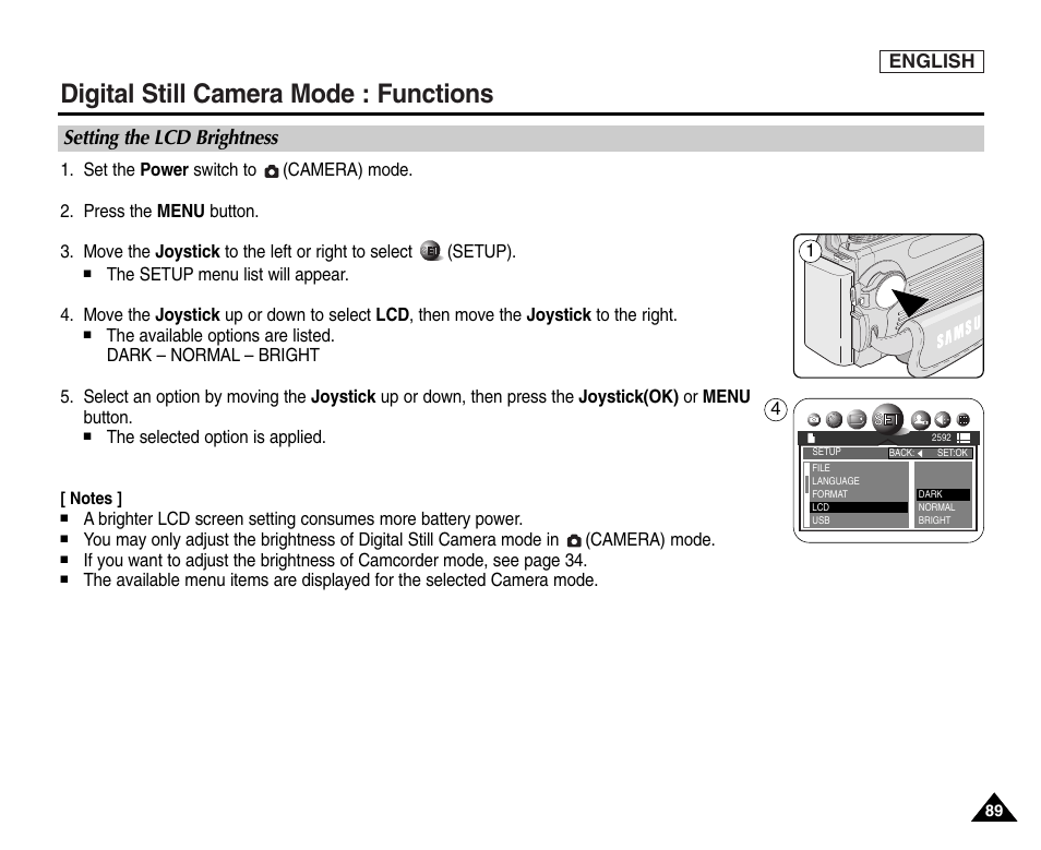 Setting the lcd brightness, Digital still camera mode : functions | Samsung SC-D6550-XAC User Manual | Page 93 / 160